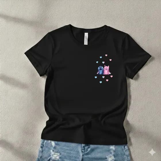 Camiseta Stitch e Angel Corações Unissex Adulto Infantil Kids Blusa 100% Algodão Envio Rápido