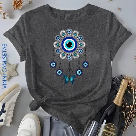 Camiseta Feminina Olho Grego Tendência Delicado Blusa 100% Algodão Envio Rápido