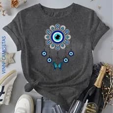 Camiseta Feminina Olho Grego Tendência Delicado Blusa 100% Algodão Envio Rápido