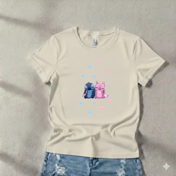 Camiseta Feminina Stitch e Angel Corações Tendência Delicada Blusa 100% Algodão Envio Rápido