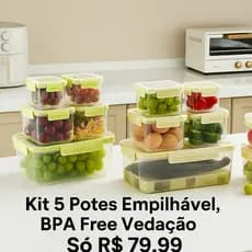 KIT 5 Potes de Plástico de Cozinha com tampa e cesto Armazenagem de Alimentos BPA Free, Empilhável,
