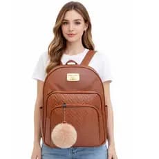 Mochila Feminina  Fashion Gravacao Folha com Pingente e Bolsos Laterais Chaveiro Pompom