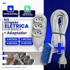 Extensão Elétrica Branca 2/3/5 ou 10 Metros + adaptador Tomada t Plug Bivolt 110/220v 10A Tripolares