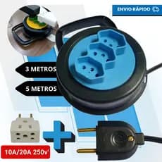 Extensão Elétrica Bivolt 3/5 Metros Retrátil Compacta 110-220V, 3 Entradas Cores Variadas Resistente