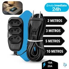 Extensão Elétrica Tripla Bilvolt 2/3/5/10 Metros Resistente 110/220v 10A preta Tomadas Compacta
