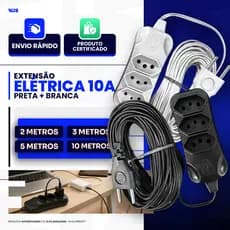 Extensão Elétrica 2, 3, 5, 10 Metros Branca e preta Extensão Tripolares Energia 3 Tomadas bivolt