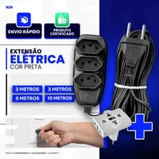 Extensão Elétrica Preta 2/3/5/10 Metros+Adaptador Bivolt 110/220 10A Tomada Tripolares Resistente