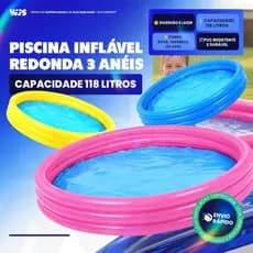 Piscina Infantil Inflável 61/118 Litros Colorida 3 Anéis Água e Bolinhas 3 Gomos Redonda Crianças