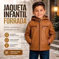 Jaqueta de Couro Infantil Masculino Menino Forrada Capuz Removível com Zíper