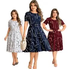 Vestido Midi Feminino Evangélico Soltinho Elegante com Cinto Removível Manga Bufante