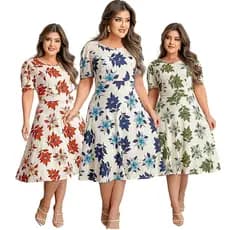 Vestido Feminino Midi Floral Manga Curta Elegante Casual Evangélico Soltinho