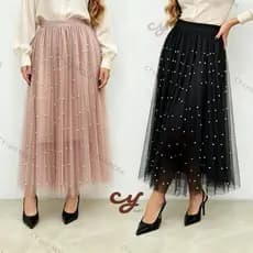 Saia Midi Longa de tule com Pérolas - feminino - modas primavera, verão-Estilo Elegante-