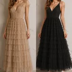 Vestido Longo Feminino com Lastex, Alças Reguláveis, modelo em camadas tipo bolo-Moda Evangélica Elegante Festa