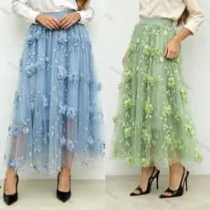 Saia Midi LONGA de Tule com Flores 3D Elegantes - Várias Cores - FESTA IGREJA MODAS-
