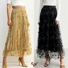 Saia Longa de Tule Plissada bordada com flores 3D–Saia bordada em relevo – Novo modelo---festa Modas