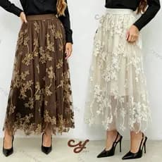 Saia Midi de tule com Bordado Floral 3D Estilo A-Line---Elegante-festa Natal Igreja-vestido feminino