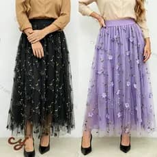 Saia Midi Longa de Tule Plissada bordada com flores 3D–Saia bordada em relevo – Novo modelo---festa Modas