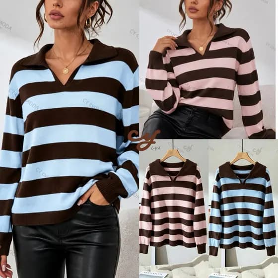 Blusa Suéter Feminino Tricô Listrado Gola PoloZara Manga Longa Moda Casual Tecido Macio e Respiráve-outono inverno