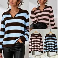 Blusa Suéter Feminino Tricô Listrado Gola PoloZara Manga Longa Moda Casual Tecido Macio e Respiráve-outono inverno