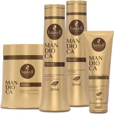 Kit Mandioca Haskell Shampoo Condicionador Máscara 500ml + Leave In 240g Para Cabelos Femininos Cuidados com o Cabelo