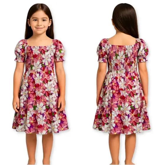 Vestido Infantil Menina Estampa Colorida Manga Princesa Rodado Confortável para Festas e Dia a Dia
