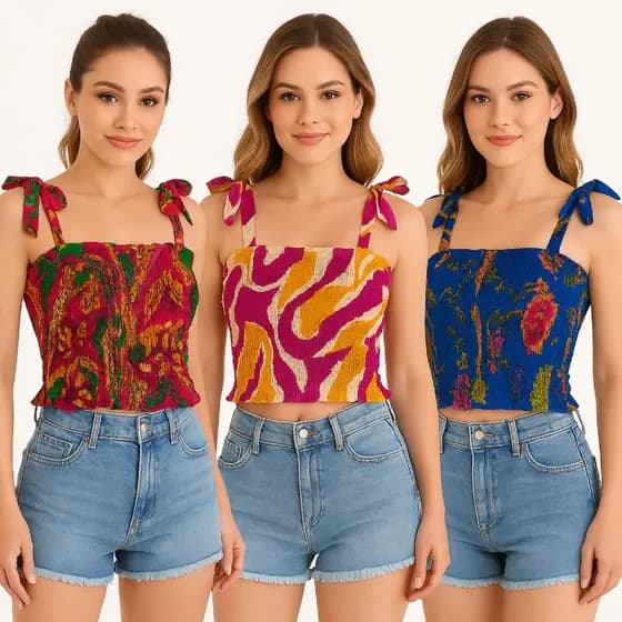 Kit 3 Cropped Feminino Estampado Variado Estilo Casual Moderno Alça Ajustável Blogueira