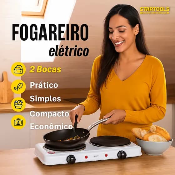 Fogão Elétrico Portátil 2 Bocas – 2000W Potência Rápida e Segura   Fogareiro Elétrico Duplo 127V – Ideal para Cozinha