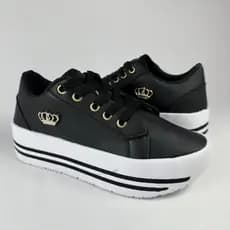 Tênis Feminino Preto Casual Plataforma Coroa Lindo Detalhes Confortável Casual dia a dia Versátil Combina com Vestido