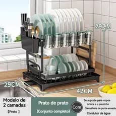 Organizador Escorredor de Louça Rack Preto 2 Andares Aço METAL De Louça Cozinha Pratos e Talheres