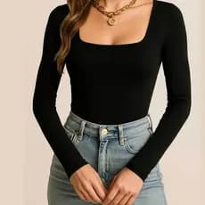 Blusa feminina básica suplex foro duplo decote Gola quadrado manga longa moda