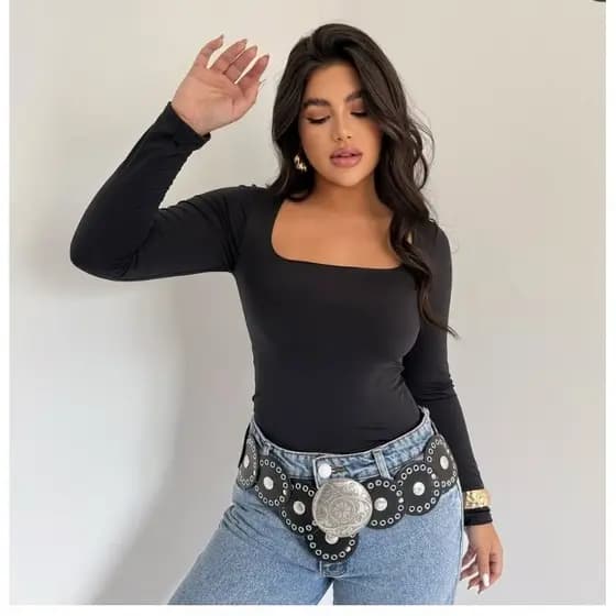 Blusa Feminina Decote Quadrado Manga Longa Suplex Premium Outono Inverno