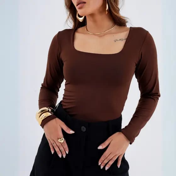 Blusa Manga Longa Decote Quadrado Básica Suplex Forro Duplo