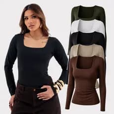 Blusa Feminina Manga Longa Suplex Decote Quadrado Poliamida Forro Duplo