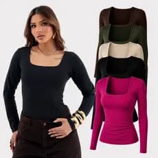 Blusa Suplex Manga Longa Decote Quadrado Premium Elegante Casual