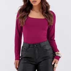 Blusa feminina básica suplex decote Gola quadrado manga longa moda inverno