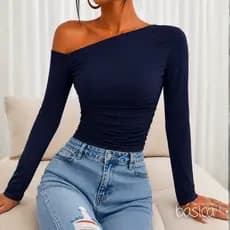 Blusa Feminina Suplex com Manga Longa Comprida Assimétrica Drapeada Verão Elegante Casual Premium