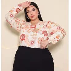 Blusa Plus Size Feminina Viscolycra Premium Estampado Floral Gola V C/ Detalhe Punho Elástico