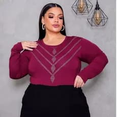 Blusa Plus Size Manga Longa Estampado Brilho Strass Feminino Plus Casual Elegante Viscolycra Premium