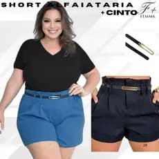 Short Feminino Alfaiataria Plus Cinto Cintura Alta Bolso embutido pregas frente confortavel elegante