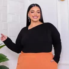 BLUSA PLUS SIZE PINSAS HOMBRO GOLA ASSIMETRICA MANGA LONGA VISCO LYCRA CASUAL ELEGANTE FEMENINO