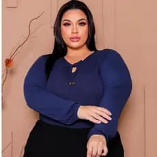 Blusa Plus Size Feminino Elegante Casual Detalhe Gola Amarração Manga Longa ViscoLycra Premium