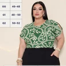 BLUSA PLUS SIZE ESTAMPADO BASICO FEMENINO COM DETALHE NA MANGA VISCO LYCRA PREMIUM CASUAL ELEGANTE