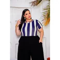 Blusa Plus Size Tecido Listrado Detalhe Sensual e Elegante Duas Tiras Manga Curta Viscolycra Premium - Reveion Revellion