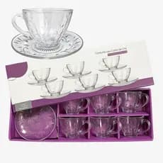 Conjunto Xícaras de Cha e Cafe 12 Peças Com Pires Transparente Cristal Vidro 200ml Decorada Florida