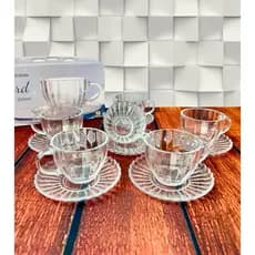 Conjunto Xícaras de Cha e Cafe 12 Peças Com Pires Petala Transparente Cristal Vidro 200ml Decorada