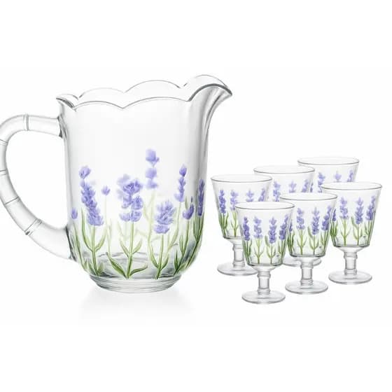 Conjunto 6 Taças e Jarra de Cristal Lavanda ou Palmeira Coqueiro Para Suco Água Lyor 1,3L/240ml