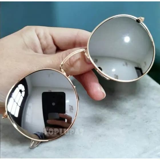 Oculos de Sol Round 3447 Prata Espelhado Redondo Retro John Lennon Armação Metal Lente de Vidro Cristal Proteção Uv