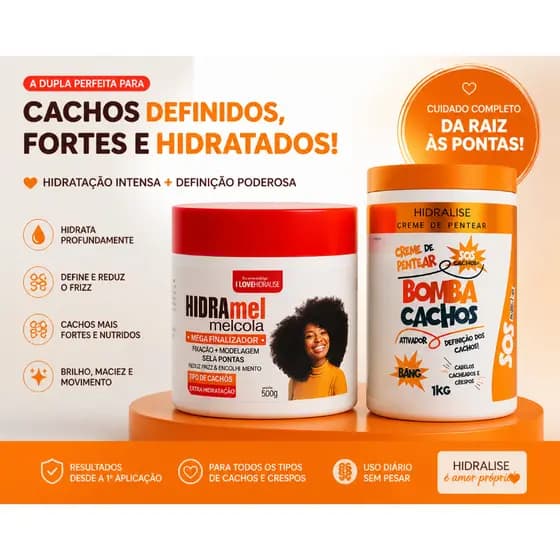 Kit Hidra Mel Cola  Fitagem 500g+ Creme de Pentear 1kg Bomba Cachos