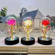 Rosa Encantada com Luz LED – Flor Eterna Artificial Decorativa em Cúpula de Acrílico