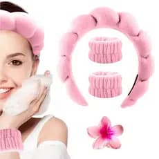 KIT Acessórios de Skincare Spa Feminino - Tiara Nuvem, Faixa de Pulso, Presilha de Flor